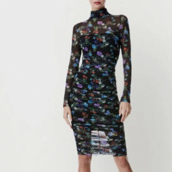 ALICE + OLIVIA DELORA RUCHED STRETCH MESH BLACK BODY-CON DRESS sz 0 - Picture 1 of 8